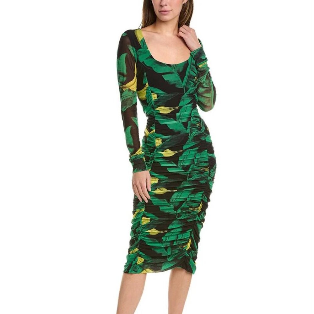 NWT GANNI Stretchy Banana & Leaf Print Ruched Midi Dress - Sz 34